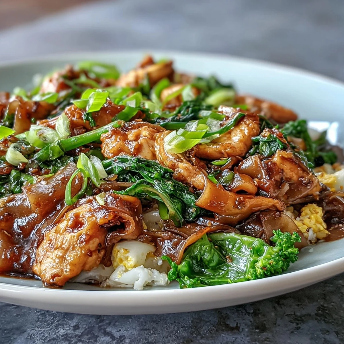 A plated serving of Authentic Thai Pad See Ew, garnished with lime wedges and savory chicken stir-fried with flat noodles.
