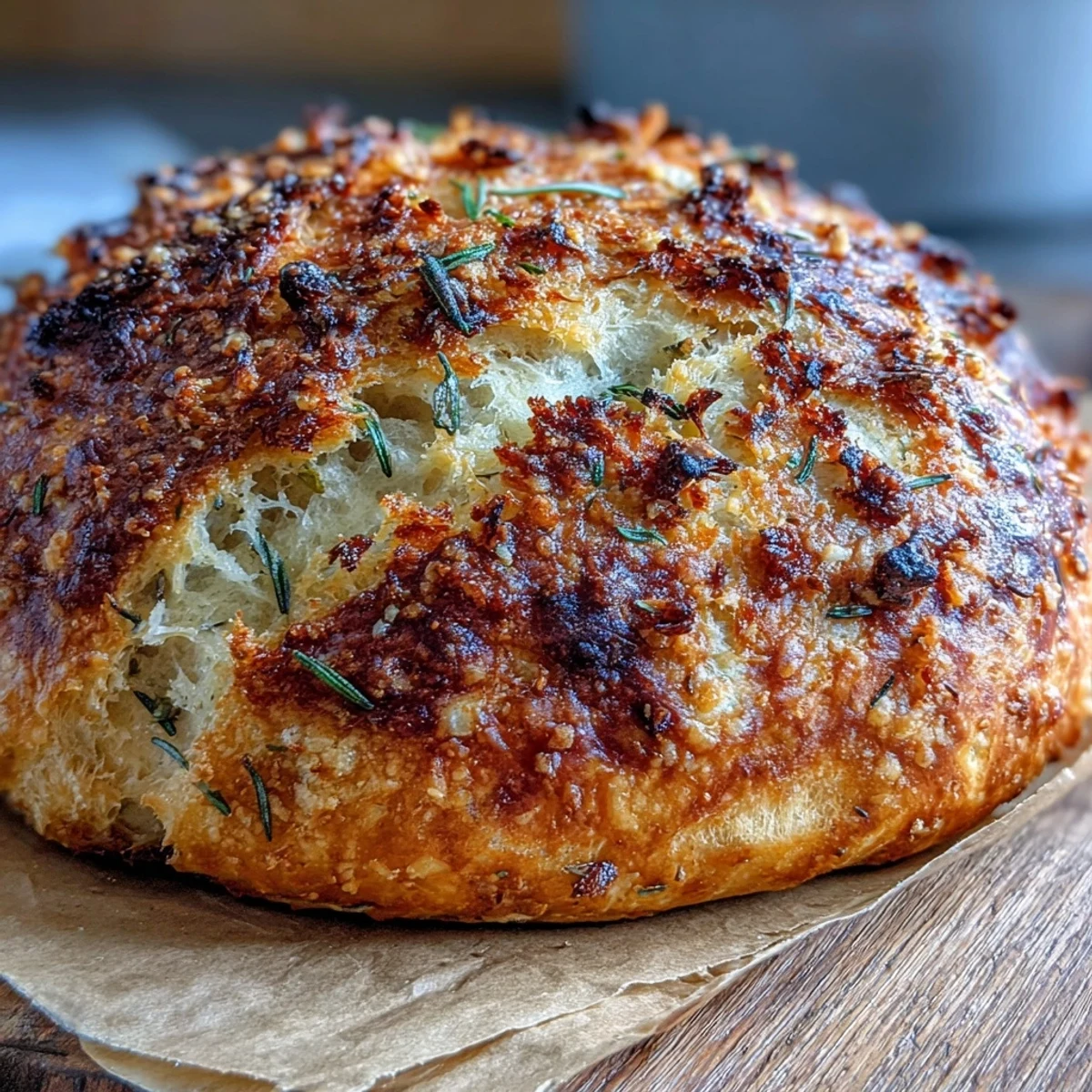 Perfect Parmesan Garlic Artisan Bread with a golden crust and rosemary garnish on a wooden board.