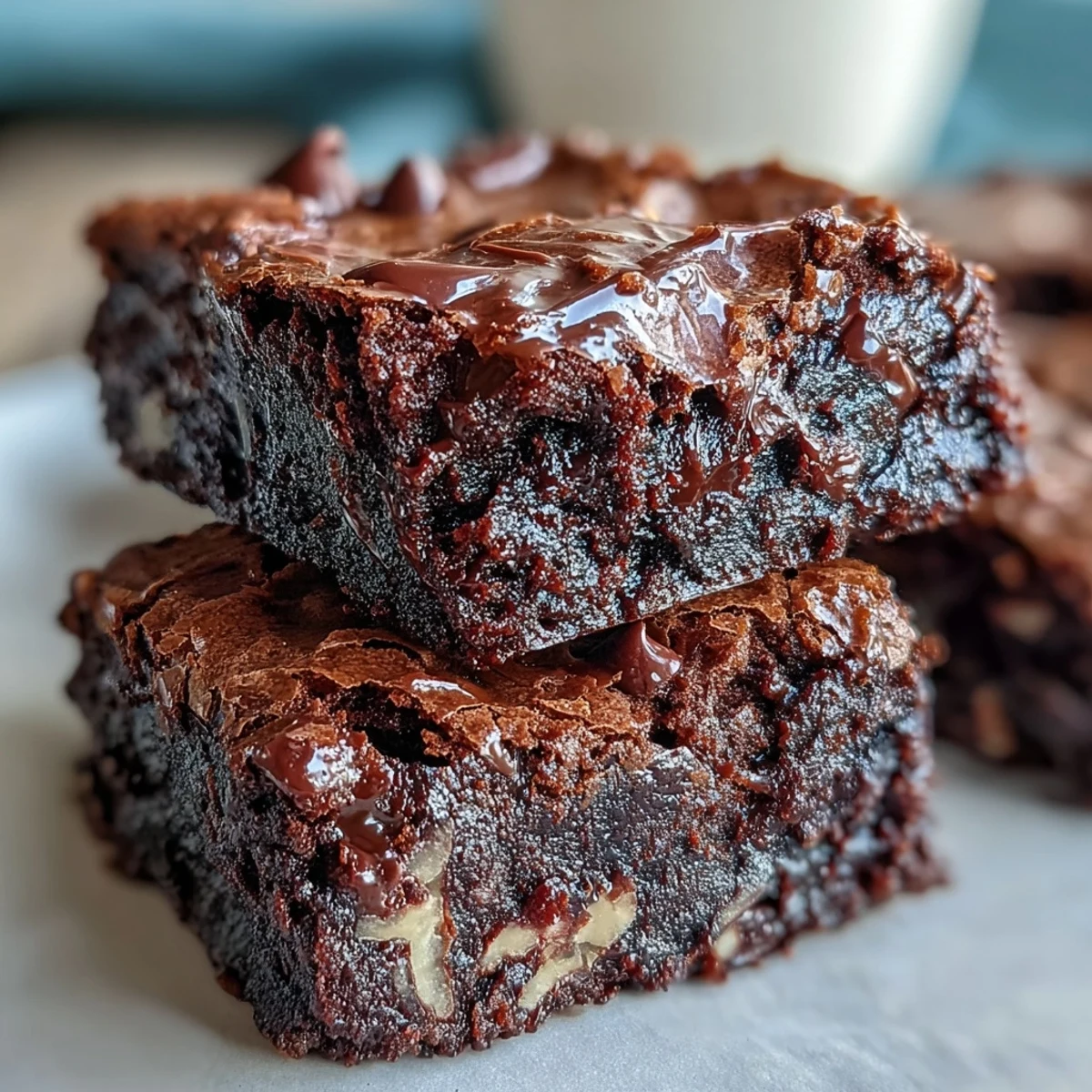 Close-up of Greek Yogurt Brownies topped with chopped nuts, highlighting the glossy, crackly chocolate surface.