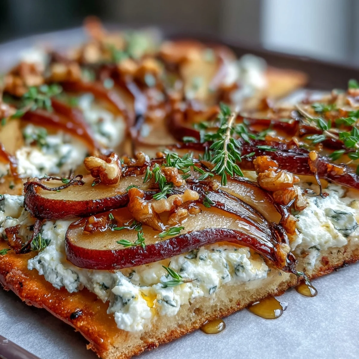 Freshly baked Goat Cheese & Pear Flatbread with Hot Honey featuring caramelized onions and thyme on a rustic wooden board.