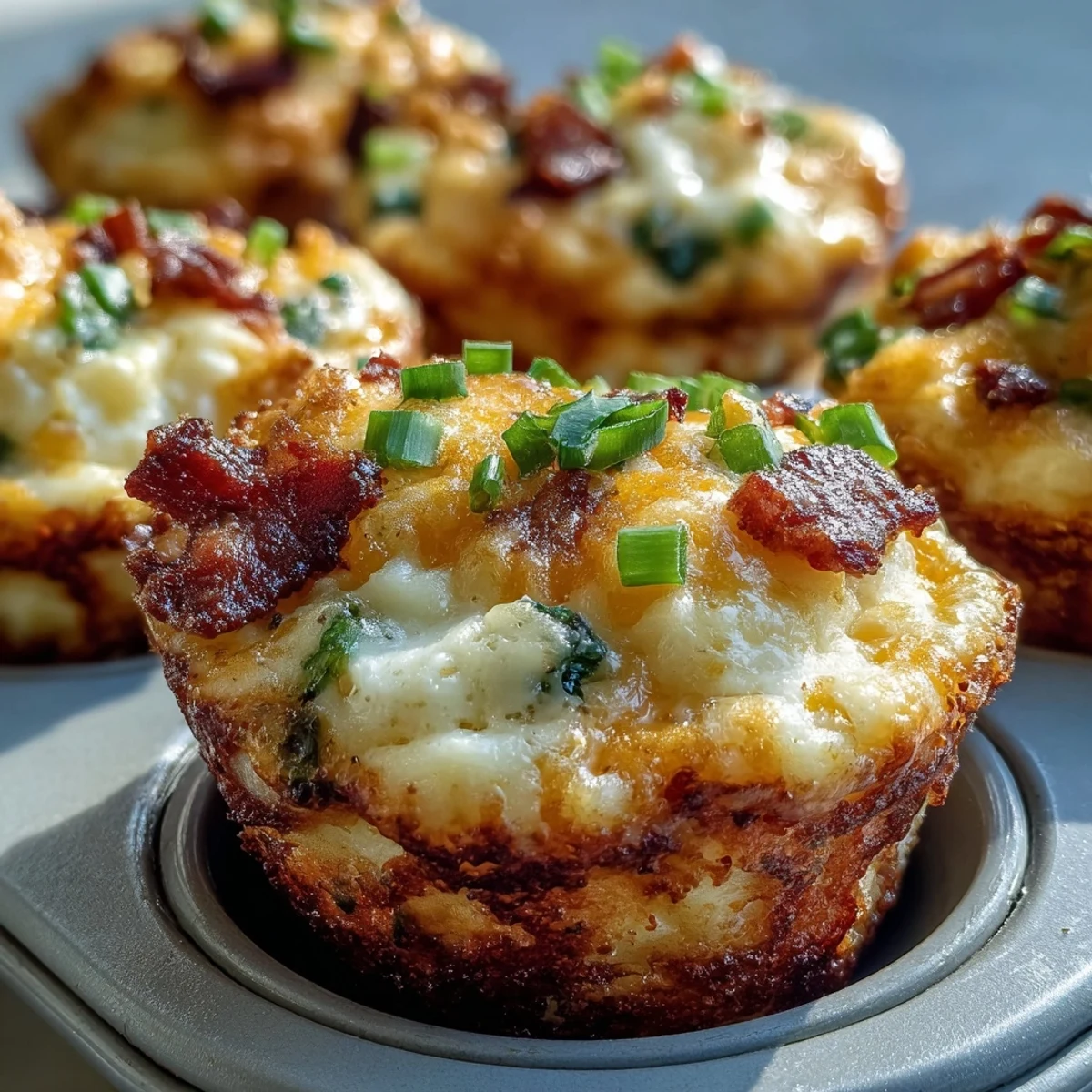 Golden-brown Ranch Bacon Breakfast Egg Bites fresh from the oven, featuring fluffy eggs, melted cheddar, and crispy bacon bits.