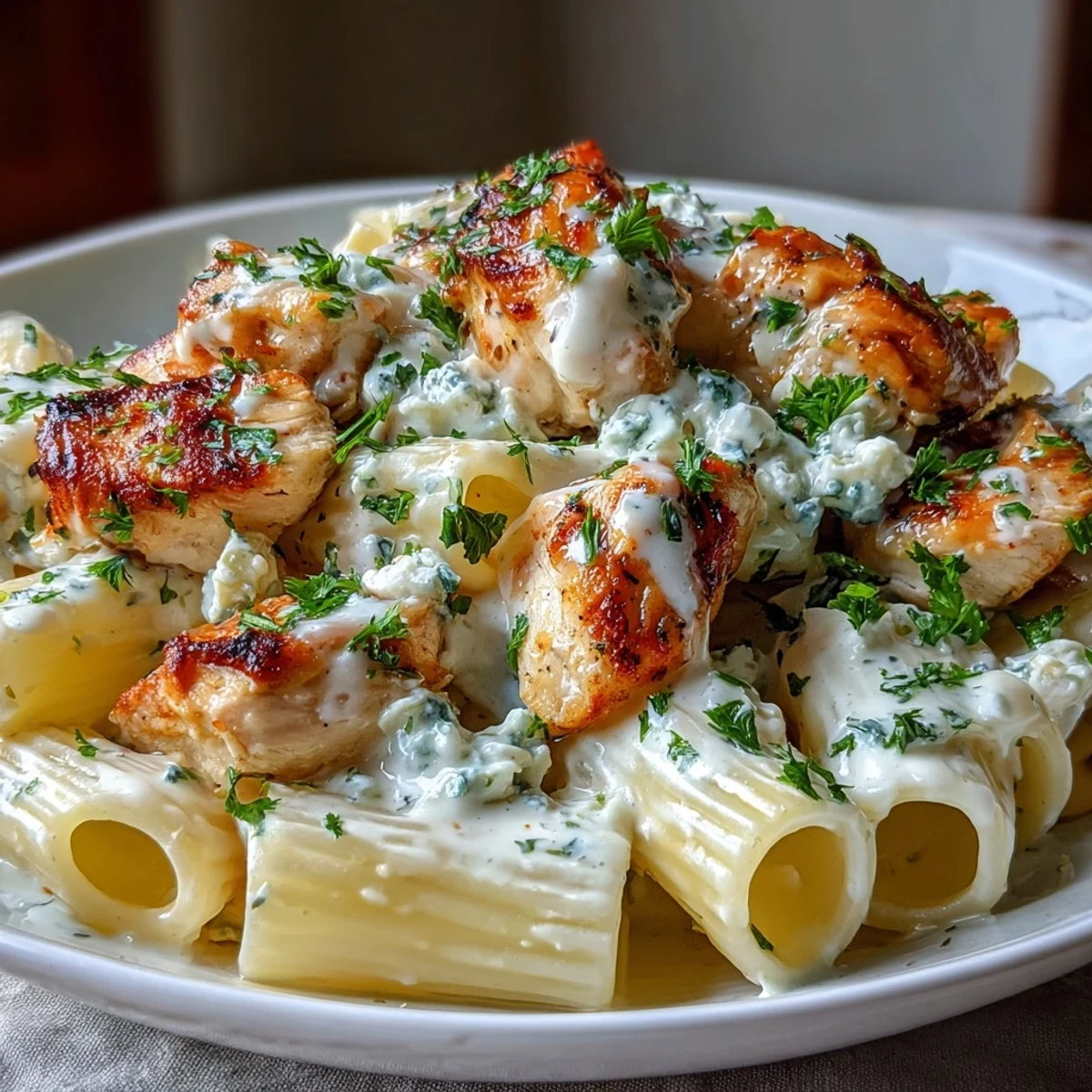 Creamy Lemon Feta Chicken Pasta served in a skillet with penne, tender chicken, and fresh parsley garnish.