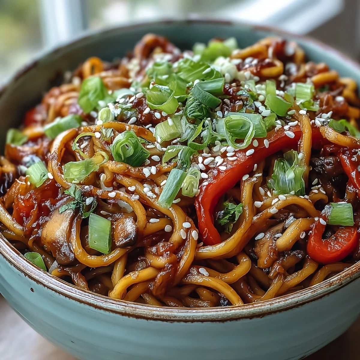 A warm bowl of Korean Turkey Fried Noodles topped with sesame seeds and fresh scallions.