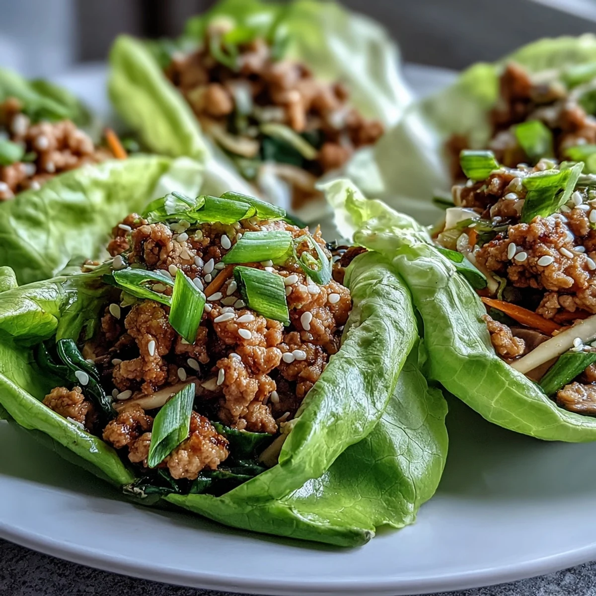 A close-up of four butter lettuce cups filled with savory turkey stir-fry and topped with sesame seeds.
