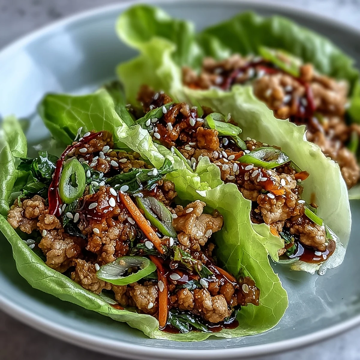 Savory ground turkey and crisp vegetables in a ginger-soy sauce, spooned into butter lettuce cups for Turkey Potsticker Stir-Fry Lettuce Wraps garnished with sesame seeds.
