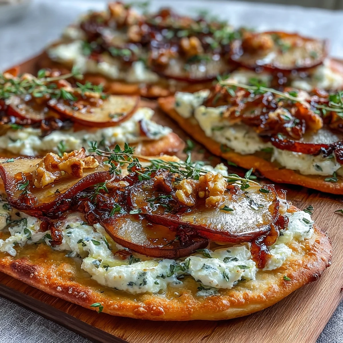 A close-up of golden Goat Cheese & Pear Flatbread topped with caramelized onions, walnuts, and glistening hot honey.