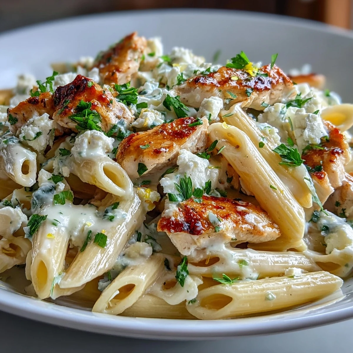 Creamy Lemon Feta Chicken Pasta in a white bowl, garnished with fresh parsley and lemon zest.