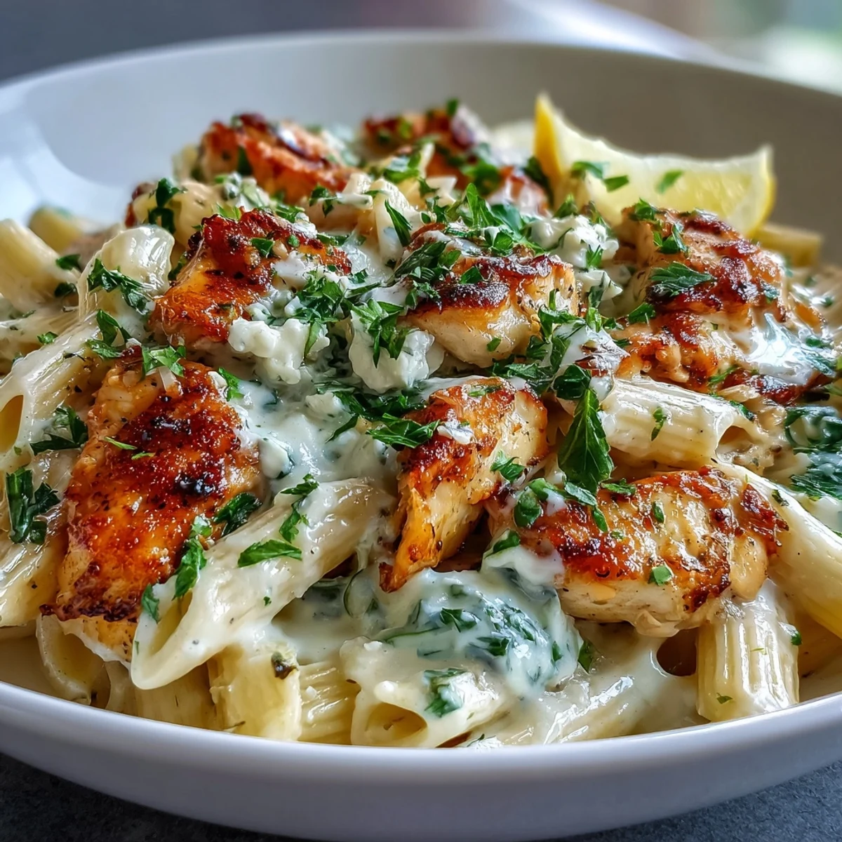 A skillet of Creamy Lemon Feta Chicken Pasta with tender chicken and melted cheese sauce.