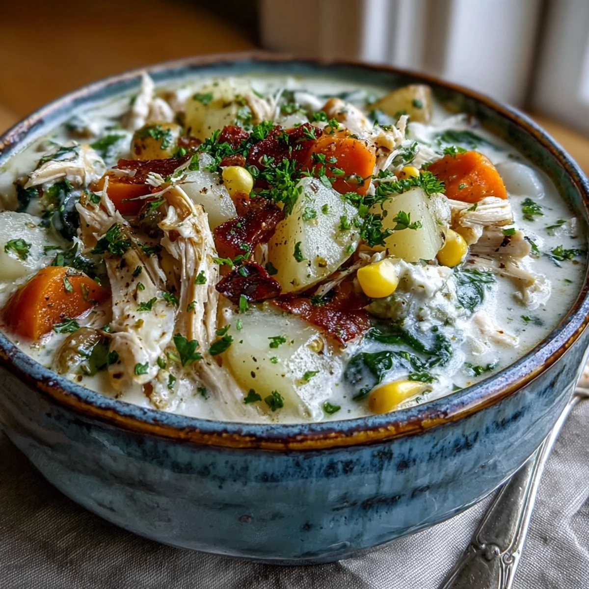 Creamy Ranch Chicken Veggie Soup simmers in a rustic pot with tender shredded chicken, corn, and fresh herbs.