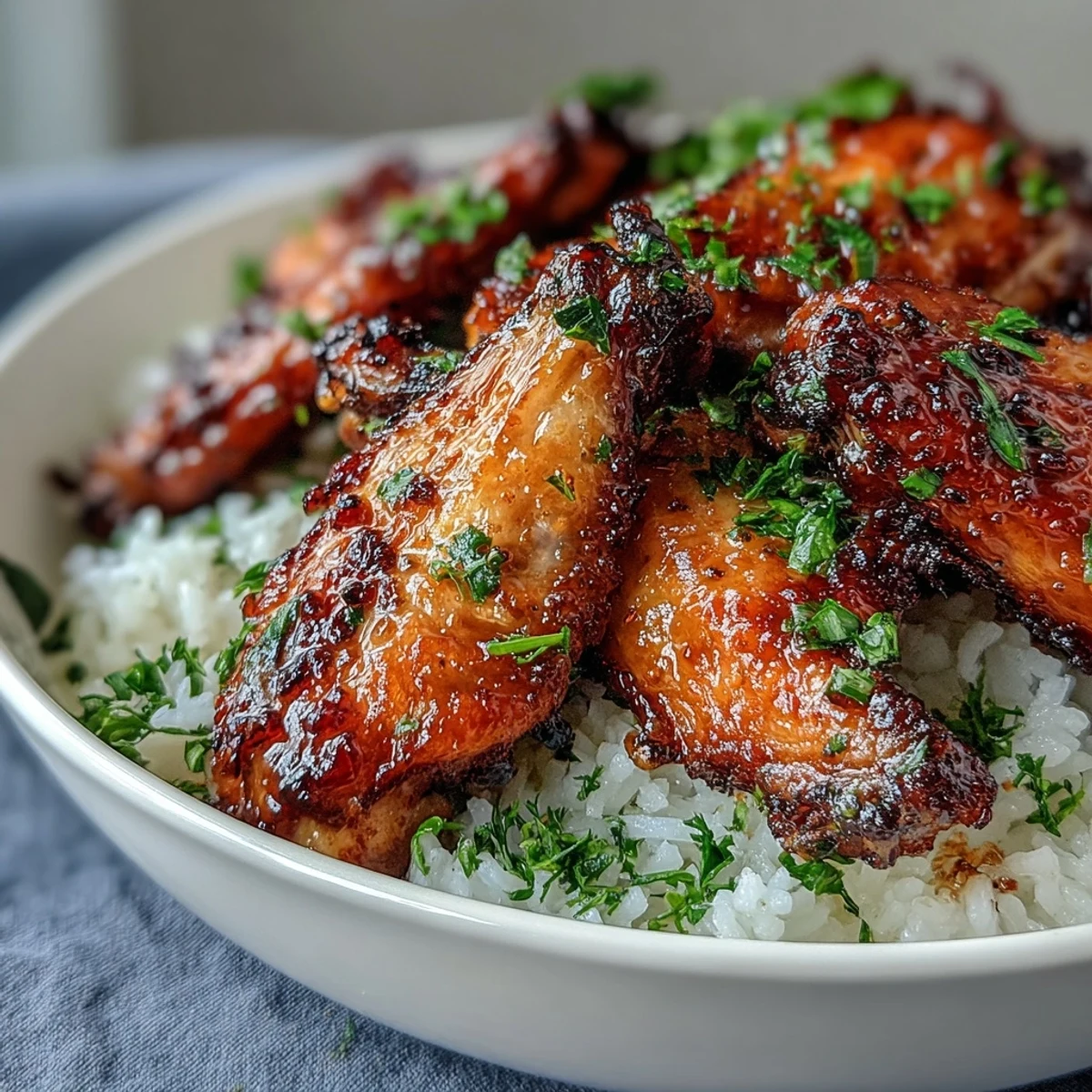 Crispy baked wings tossed in sweet and savory honey garlic glaze, paired with steaming buttery rice for a comforting dinner. 
