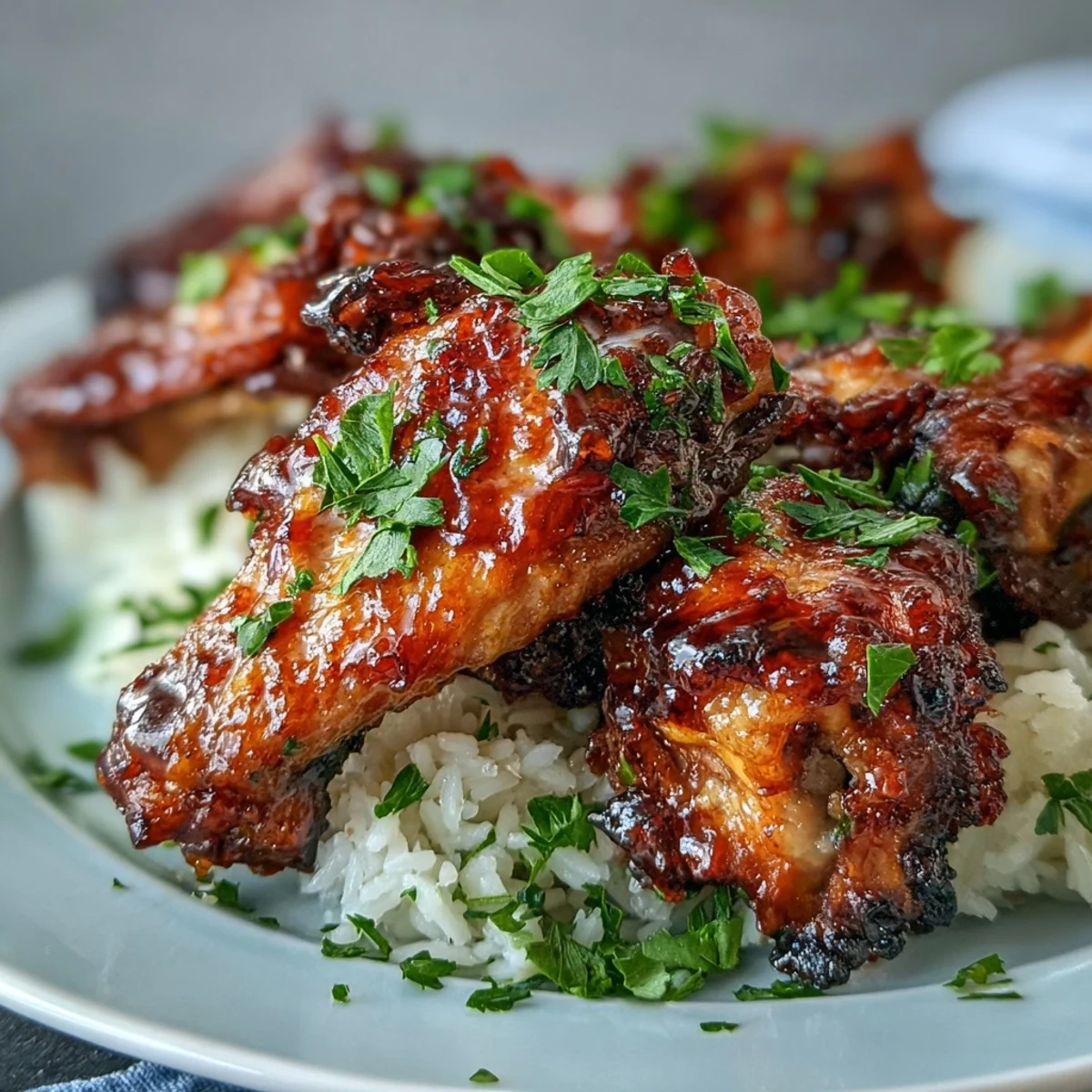 Oven-Baked Honey Garlic Chicken Wings with a rich glaze, garnished with parsley and served beside fluffy, buttery rice.