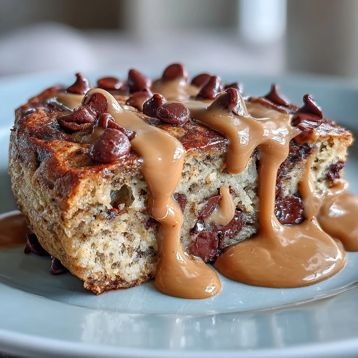 Freshly baked Peanut Butter Cup Protein Pancake Bowl with melty chocolate chips and a warm, gooey center.