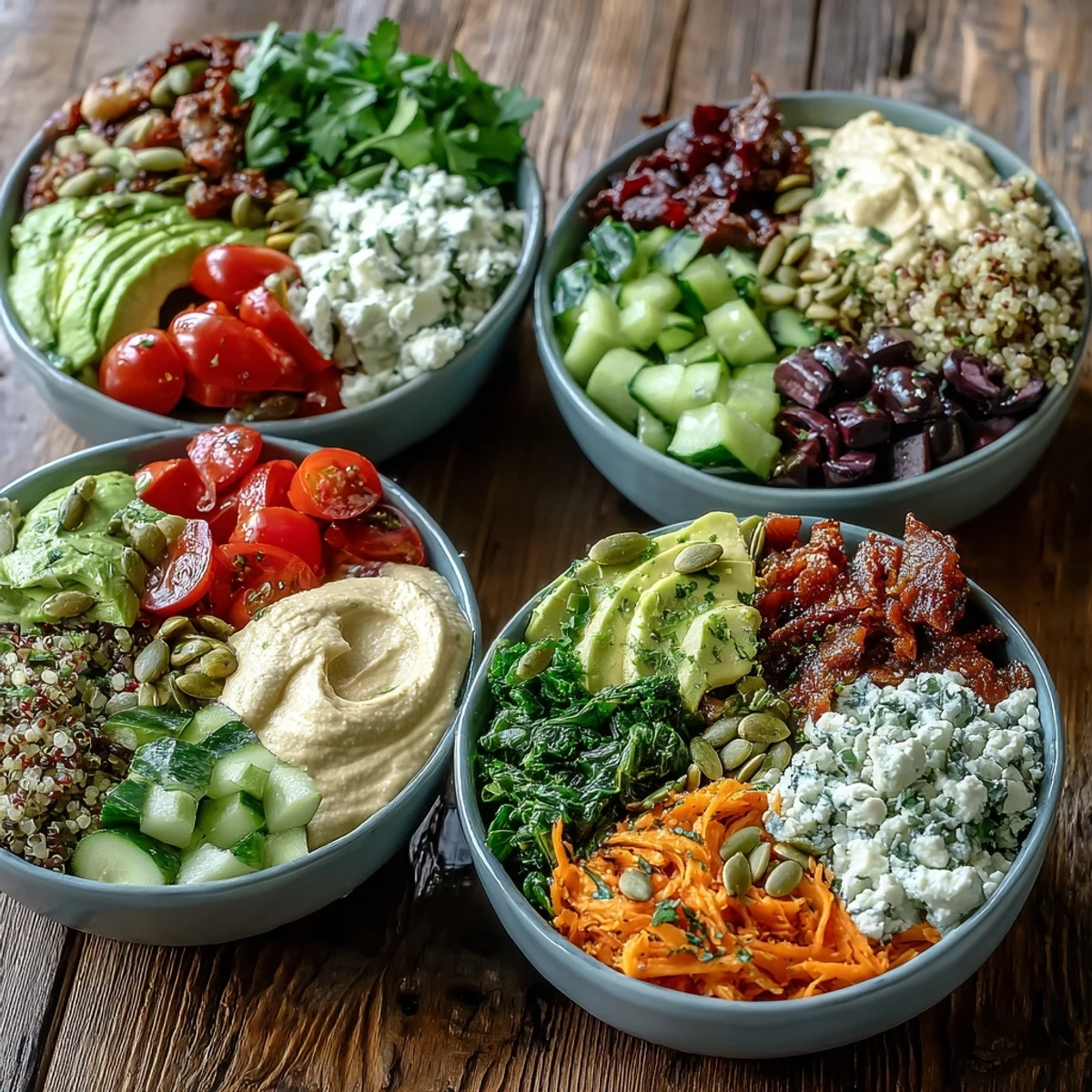 Vibrant Vegan Roasted Red Pepper Hummus Buddha Bowls with creamy dip, crisp cucumber, and ripe avocado slices.
