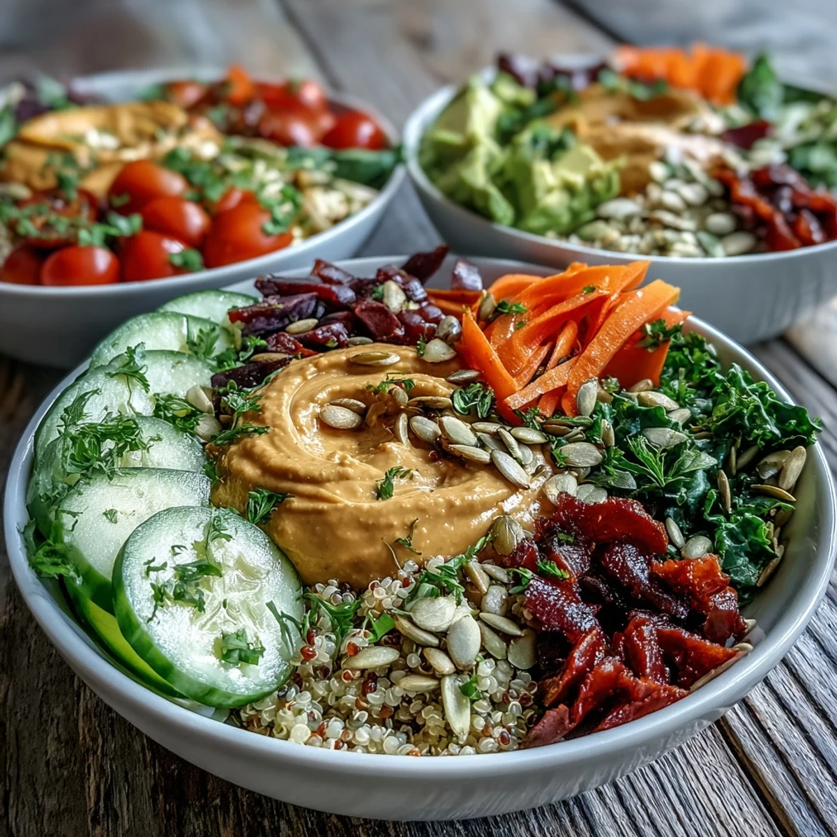 Colorful Vegan Roasted Red Pepper Hummus Buddha Bowls plated with purple cabbage, spinach, and cherry tomatoes.