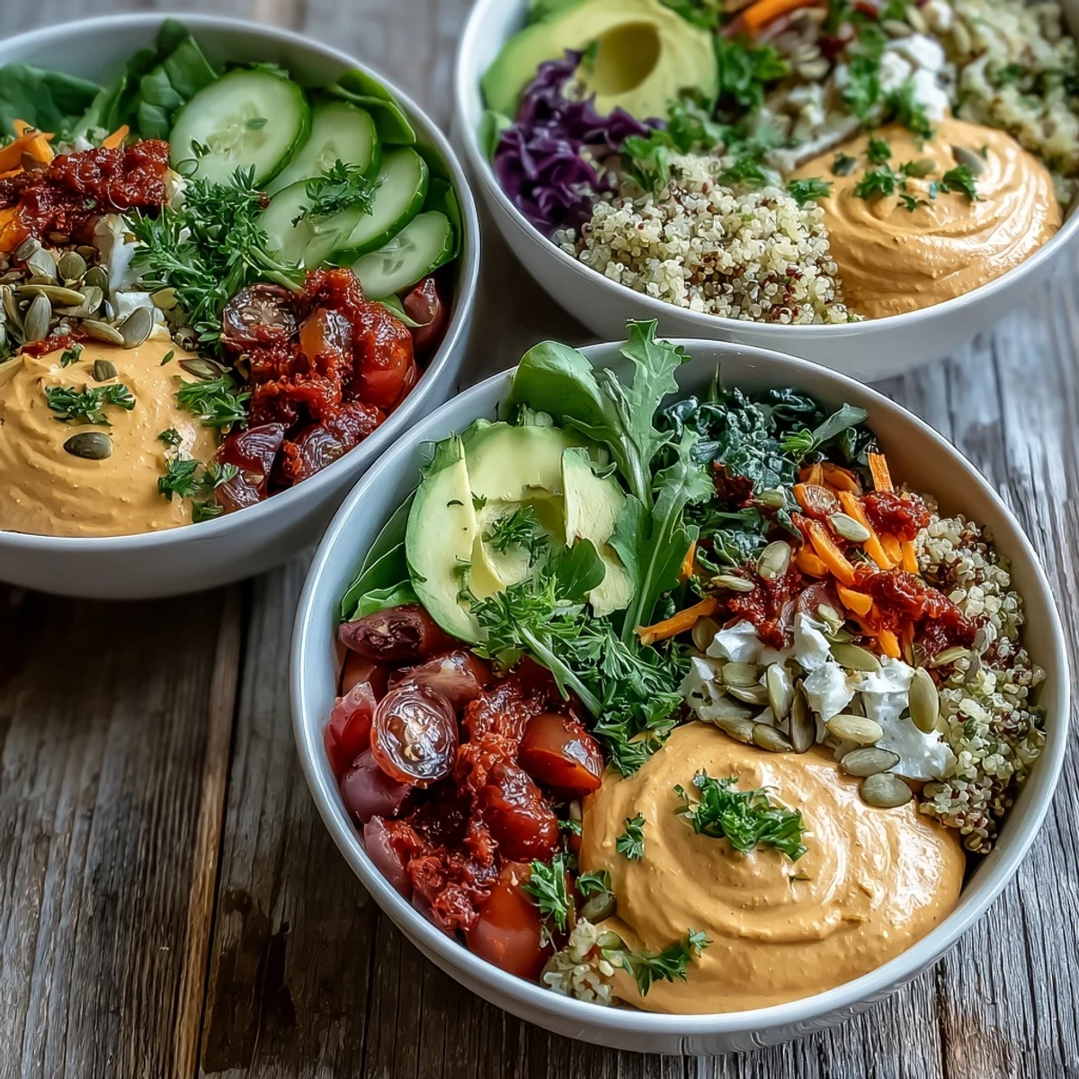 A hearty bowl of Vegan Roasted Red Pepper Hummus Buddha Bowls with quinoa, olives, and shiny pepitas.