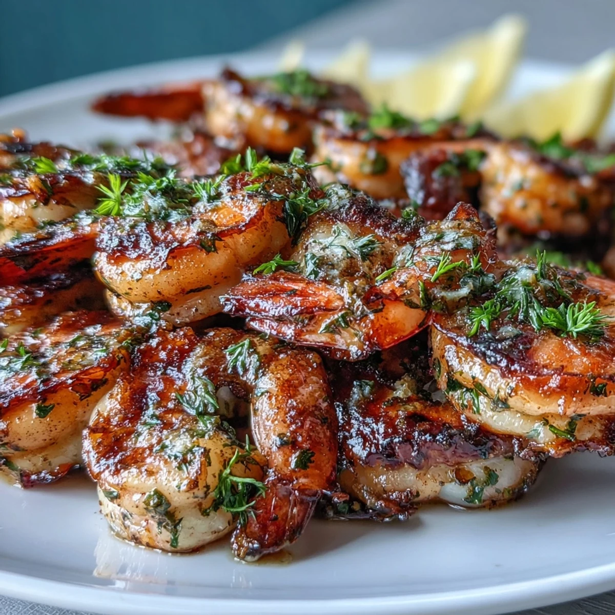 Juicy Mediterranean shrimp skewers sizzling on the grill, garnished with basil and lemon.