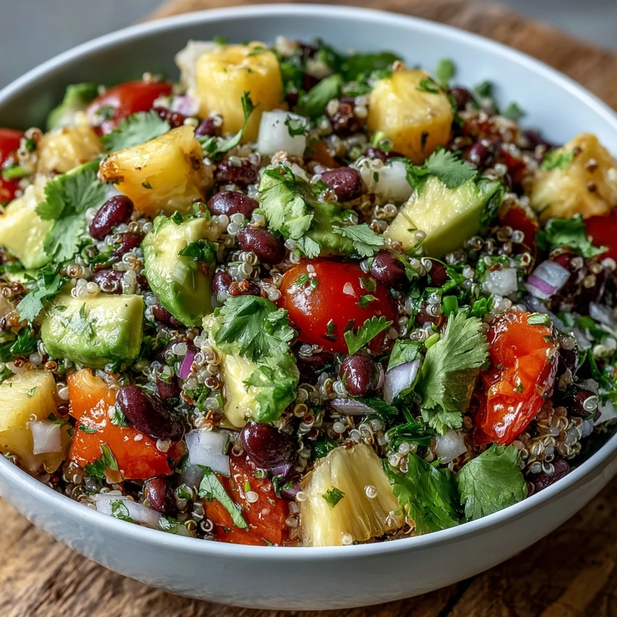 Colorful platter of Tropical Quinoa Salad with Pineapple and Black Beans, ready to serve as a refreshing vegan side.