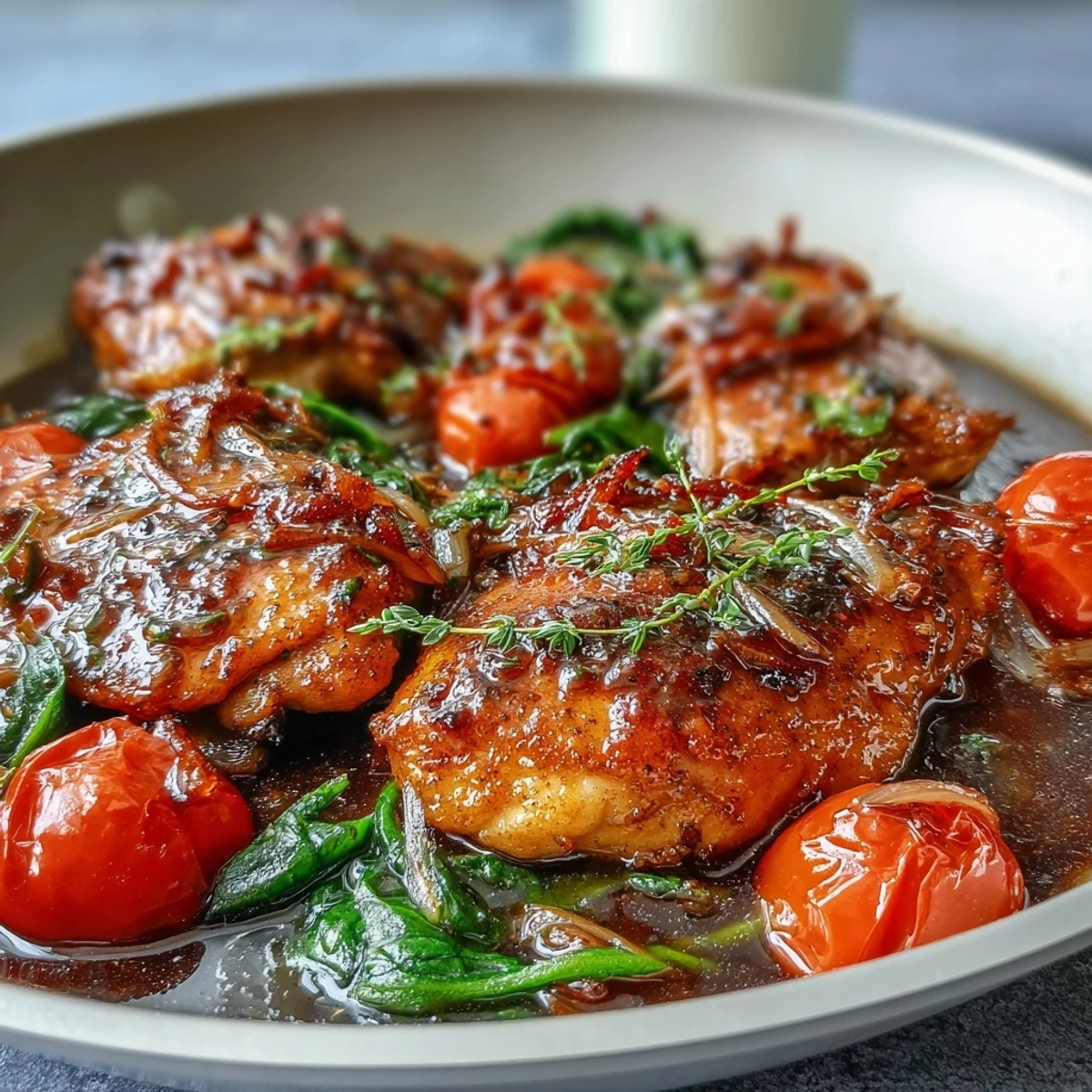 Golden brown chicken breasts glazed with tangy balsamic sauce, nestled among roasted cherry tomatoes and wilted spinach.