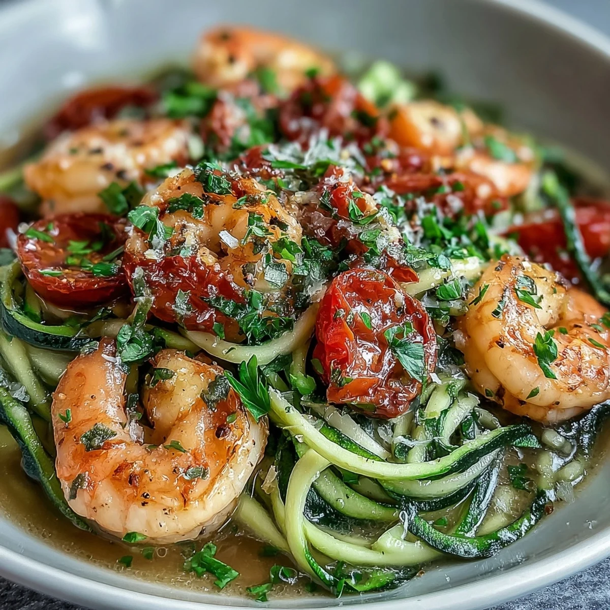 Tender shrimp and crisp zucchini noodles tossed in a garlicky lemon sauce for this Skinny Shrimp Scampi recipe.