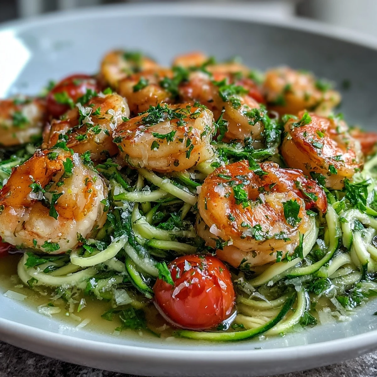 Plated Skinny Shrimp Scampi with Zucchini Noodles, topped with Parmesan and cherry tomatoes alongside a glass of white wine.