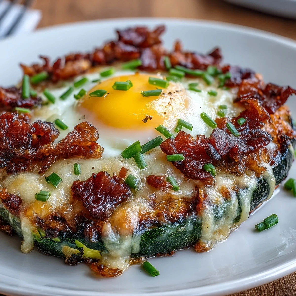 Keto Bacon and Egg Zucchini Nests with crispy edges, baked eggs nestled in savory zucchini and bacon, garnished with fresh chives for a low-carb breakfast.