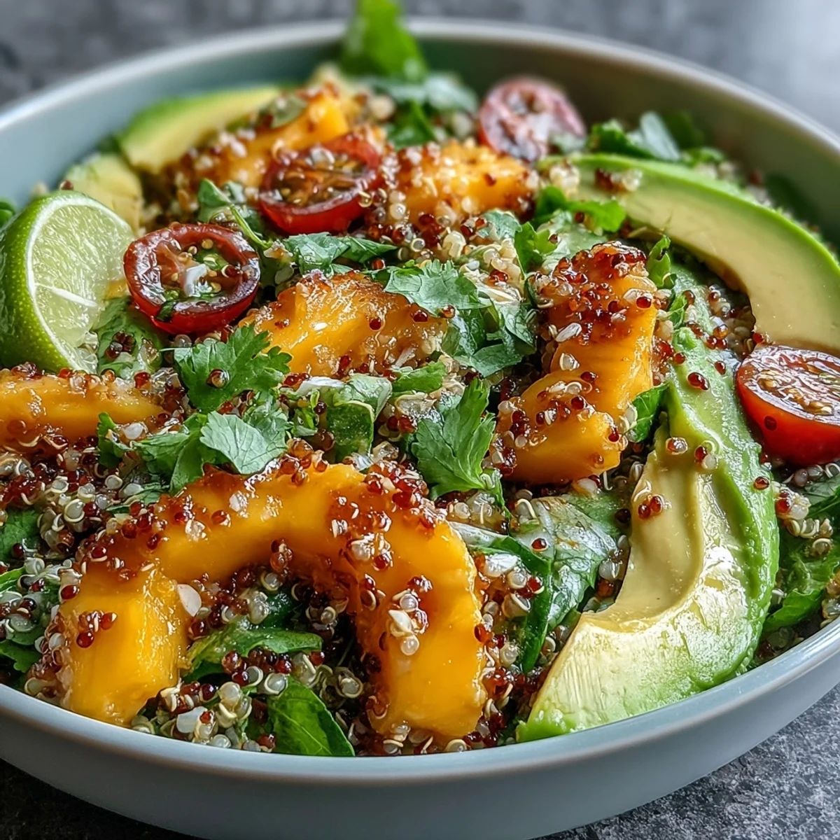 A vibrant summer salad with sweet mango, ripe avocado, protein-rich quinoa, and cherry tomatoes, all drizzled with a tangy lime vinaigrette.