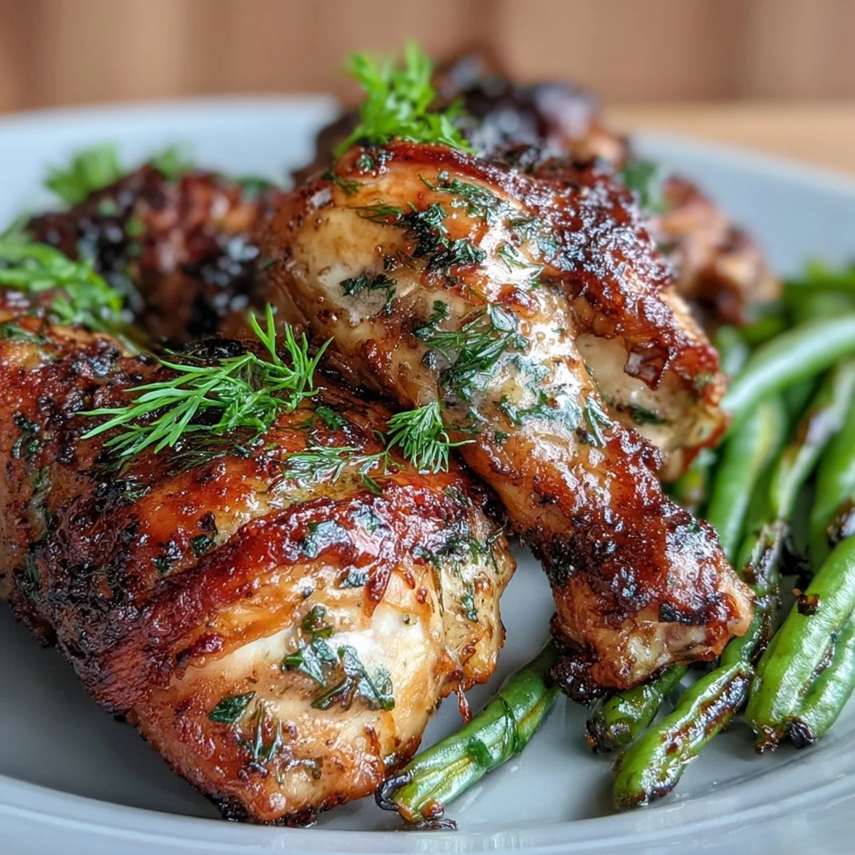 Golden baked chicken drumsticks seasoned with homemade ranch spices, served with roasted green beans for a hearty keto dinner.  