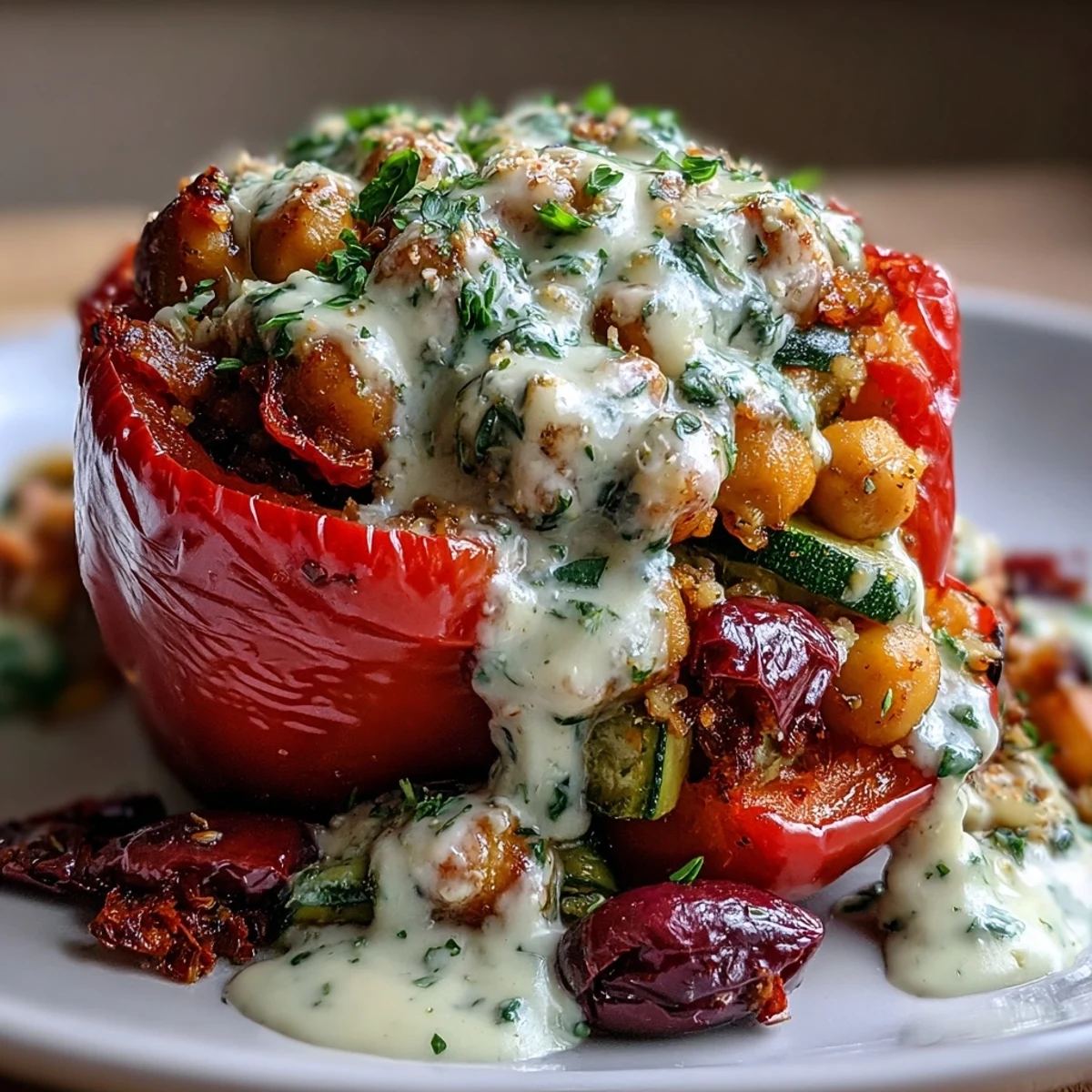 Hearty bell peppers packed with herb-seasoned chickpea filling and topped with zesty lemon tahini, offering bold Mediterranean flavors in every bite. A wholesome vegan dinner.