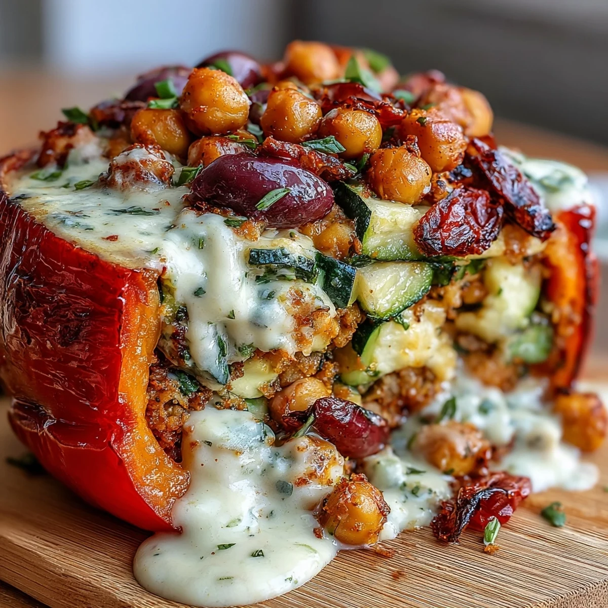 Roasted bell peppers overflowing with a savory chickpea and vegetable medley, finished with a silky lemon tahini drizzle. A nourishing, gluten-free vegan entrée.