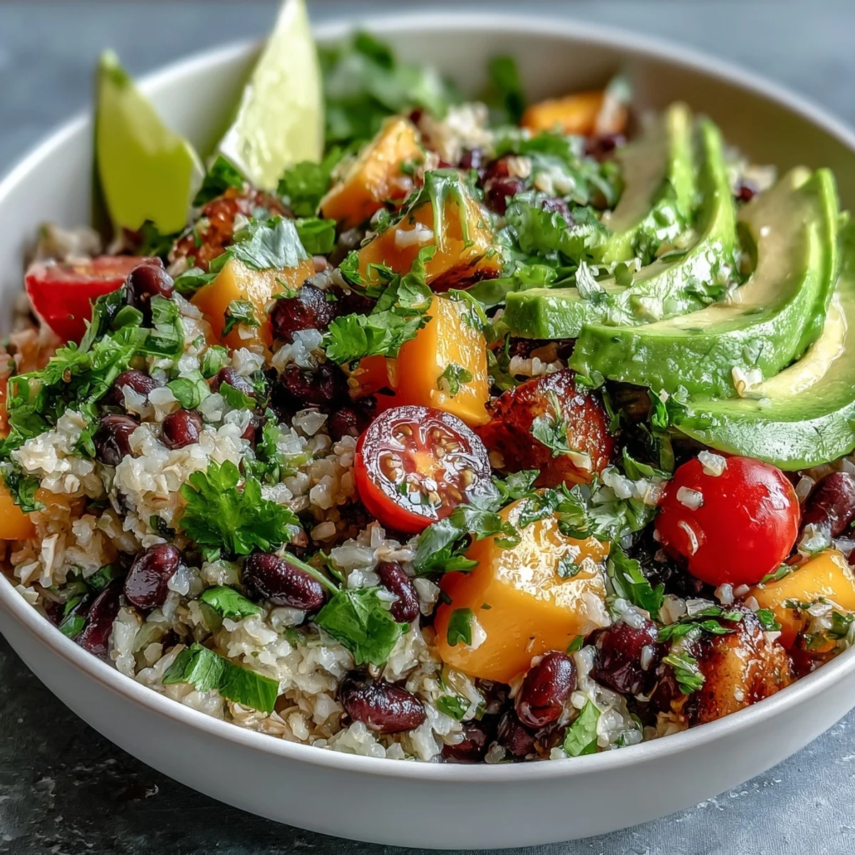 Colorful fiesta bowls featuring tropical mango, black beans, and brown rice, topped with avocado and cilantro for a fresh, satisfying dish.  