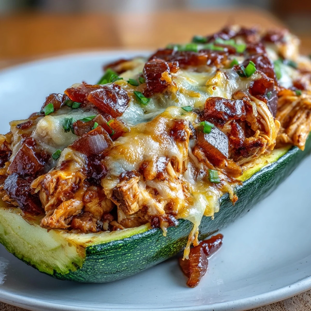Skinny BBQ Chicken Stuffed Zucchini Boats with melted cheese and tender zucchini halves, perfect for a healthy, protein-packed dinner.