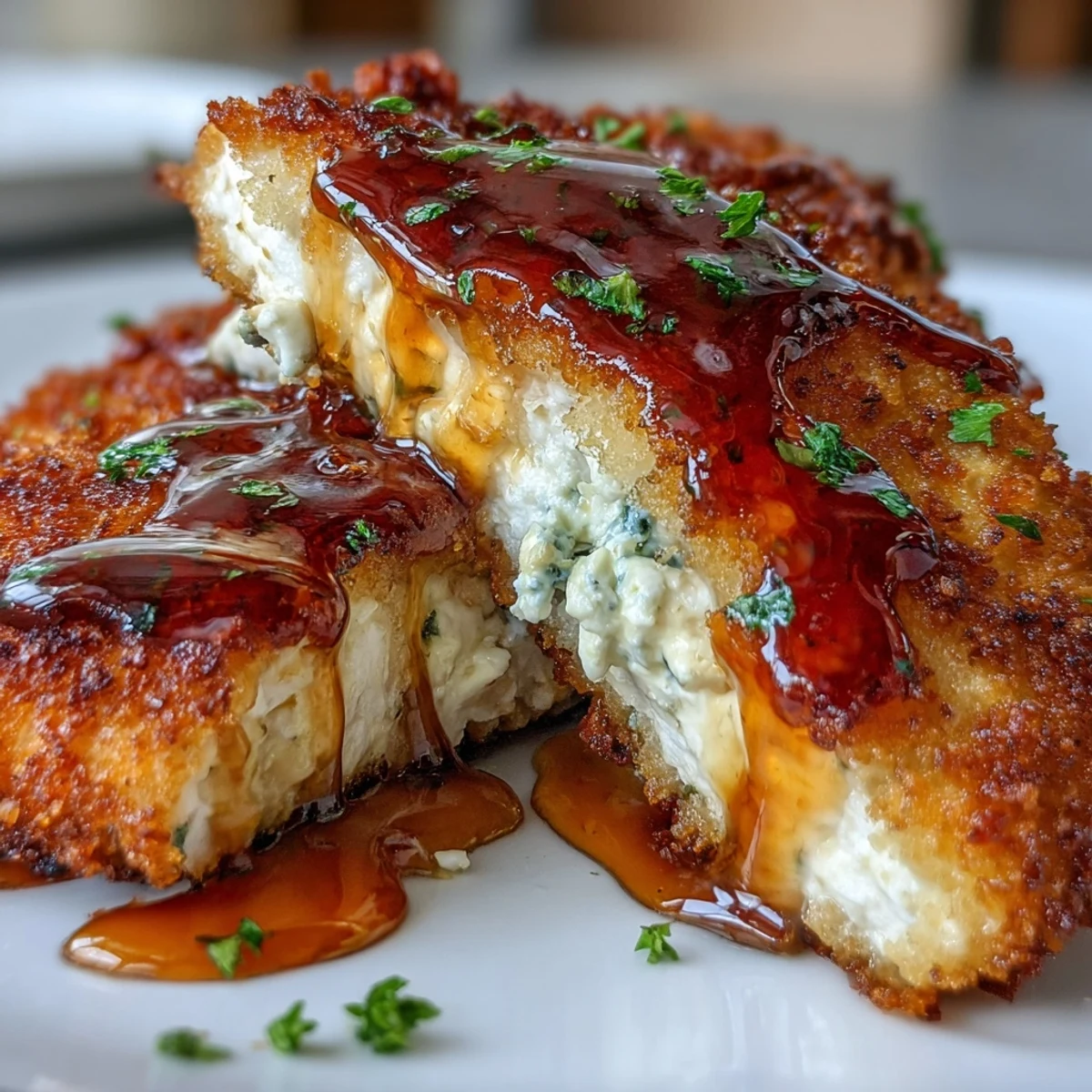 Crunchy breaded chicken breast layered with melted feta and bold hot honey, a comforting and vibrant main dish.