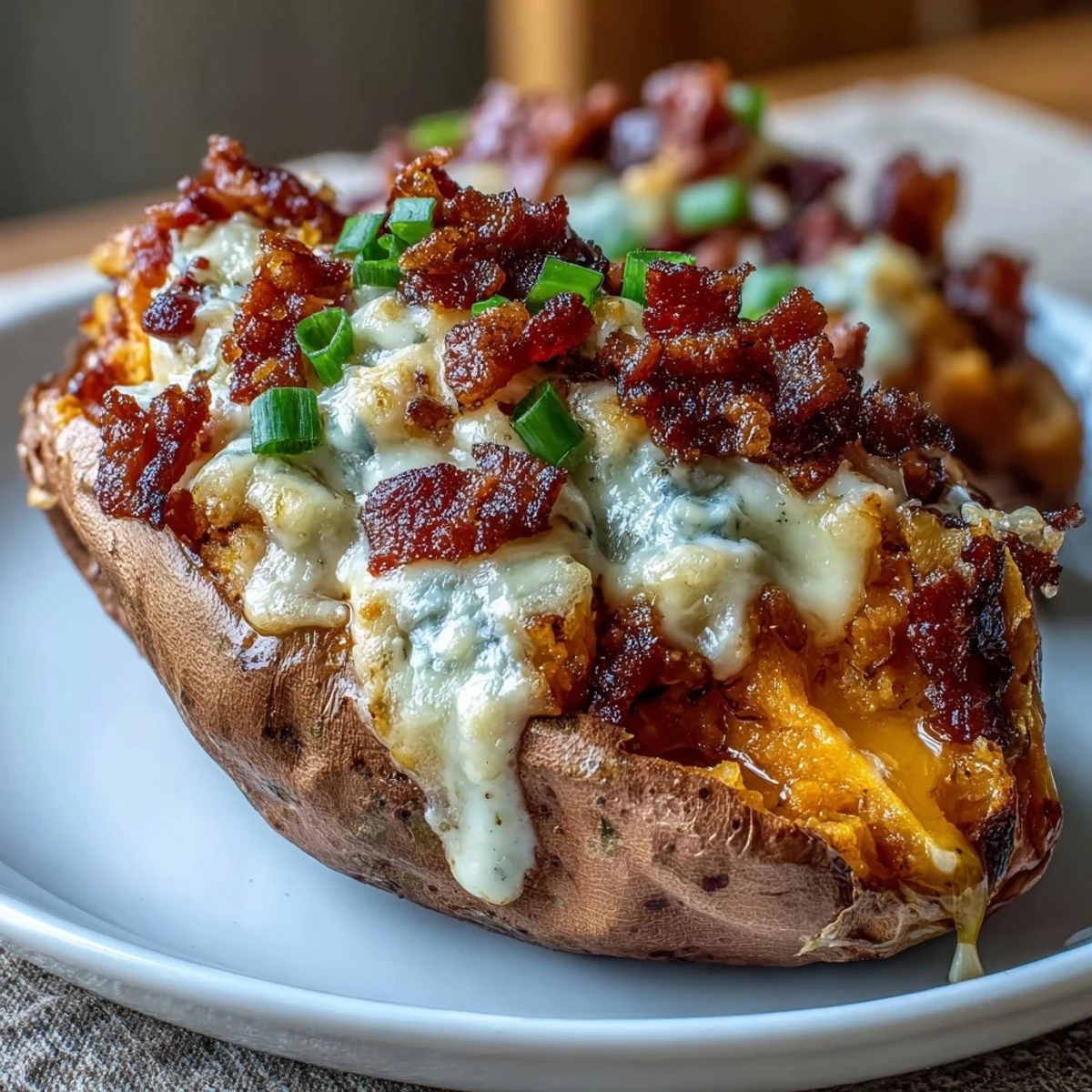 Hearty baked sweet potatoes stuffed with crispy bacon, melted cheddar, and eggs, topped with fresh scallions for a wholesome breakfast.  