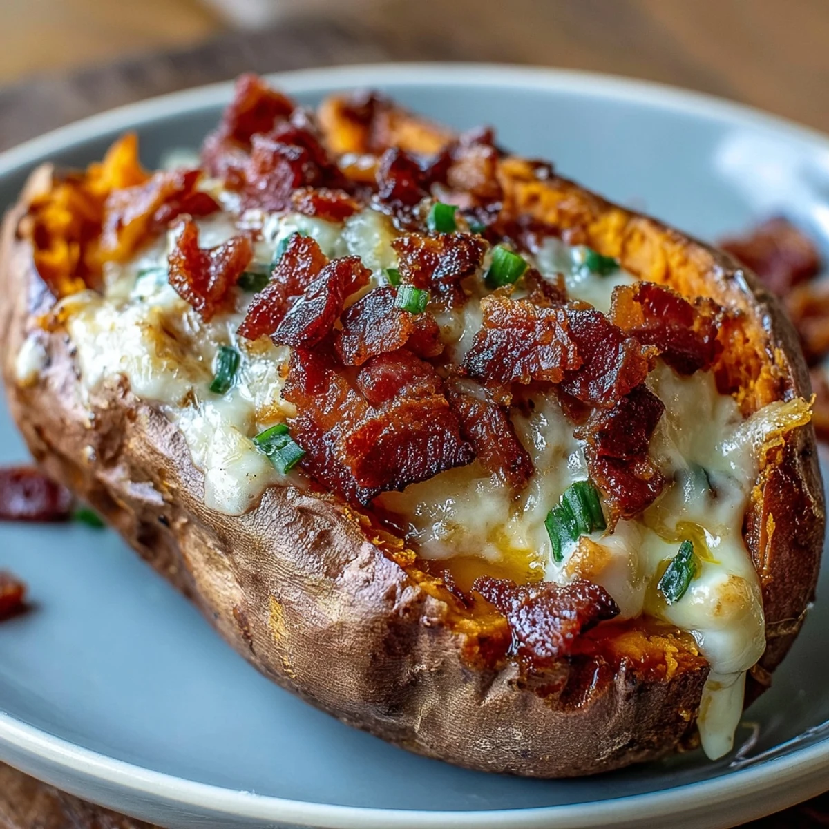 Nutritious breakfast sweet potatoes loaded with bacon, cheddar, and perfectly cooked eggs, finished with a sprinkle of fresh scallions for added flavor.