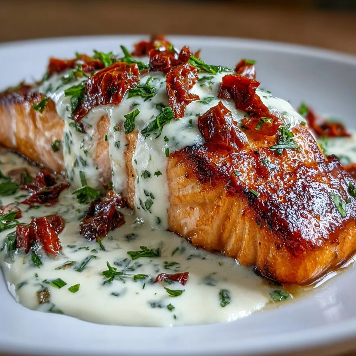 Luxurious salmon dish with a creamy garlic sauce, sun-dried tomatoes, and basil, perfect for impressing on a special date night.