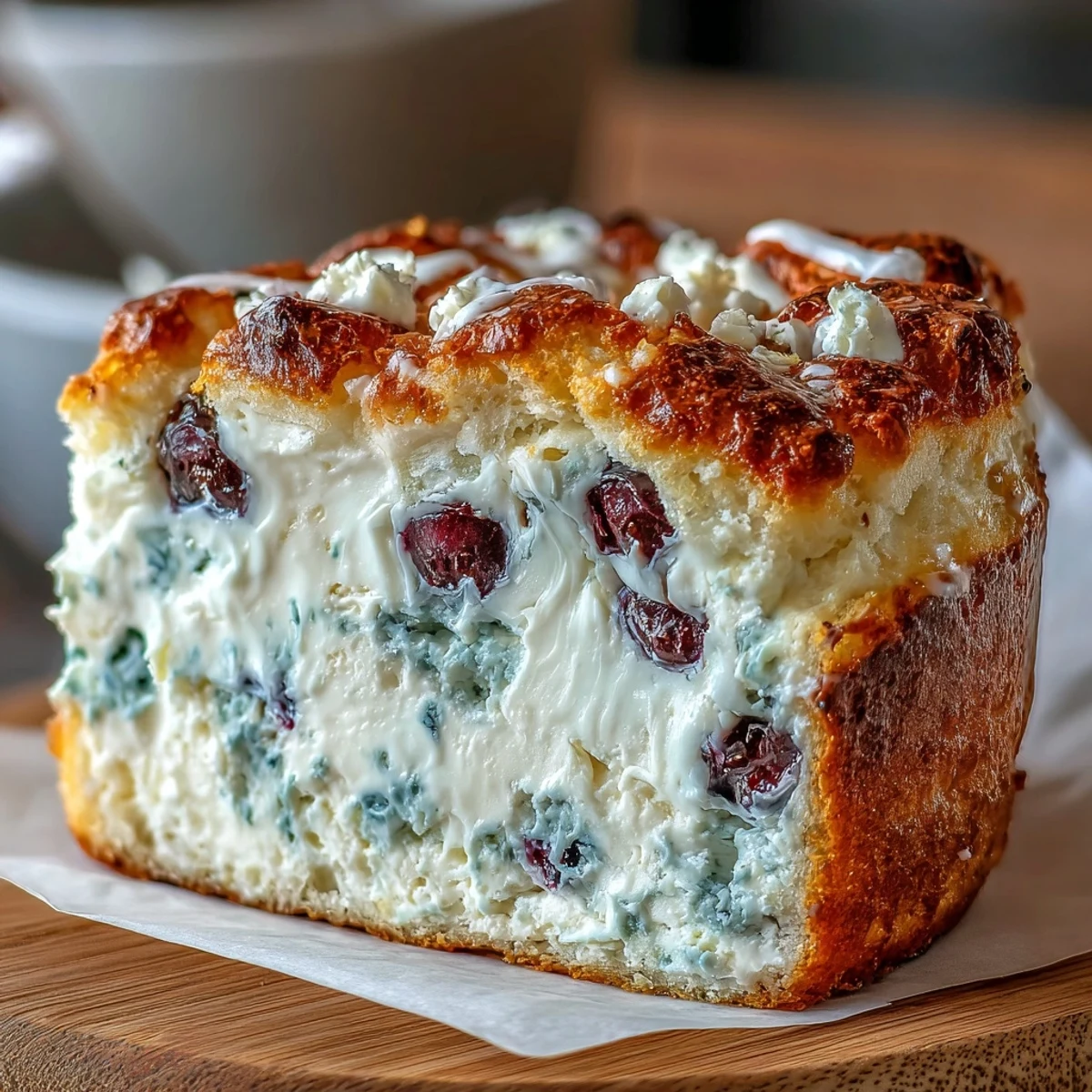 Fluffy Cottage Cheese Blueberry Cloud Bread with golden edges and juicy blueberries baked in.