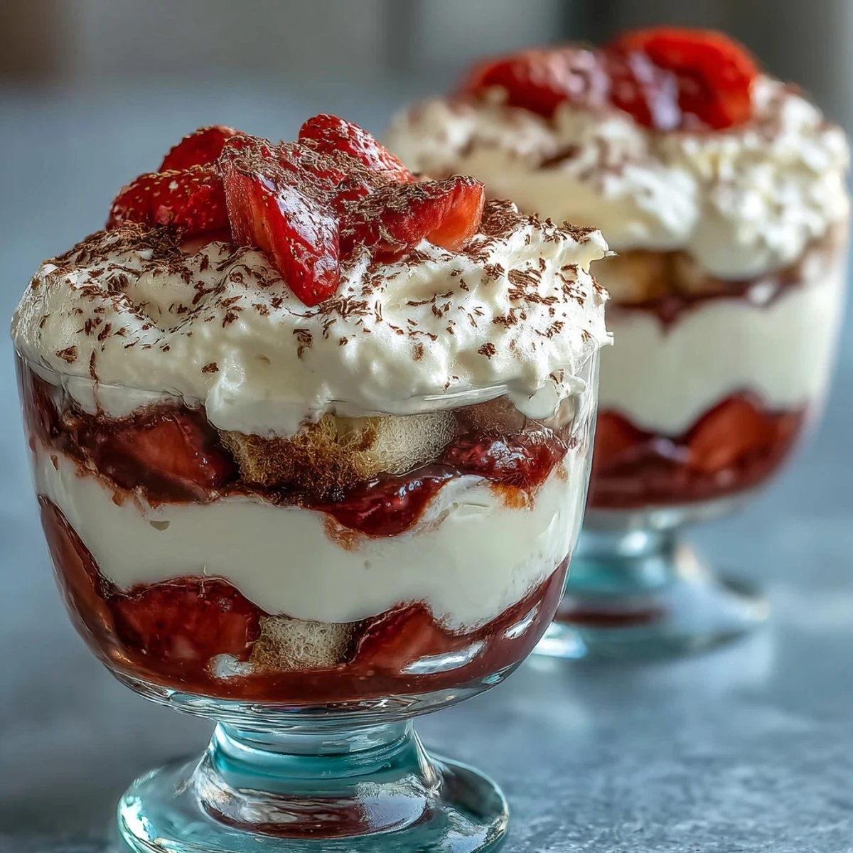 Valentines Day Strawberry Tiramisu Cups with layers of mascarpone cream and coffee-soaked ladyfingers in elegant glass servings.