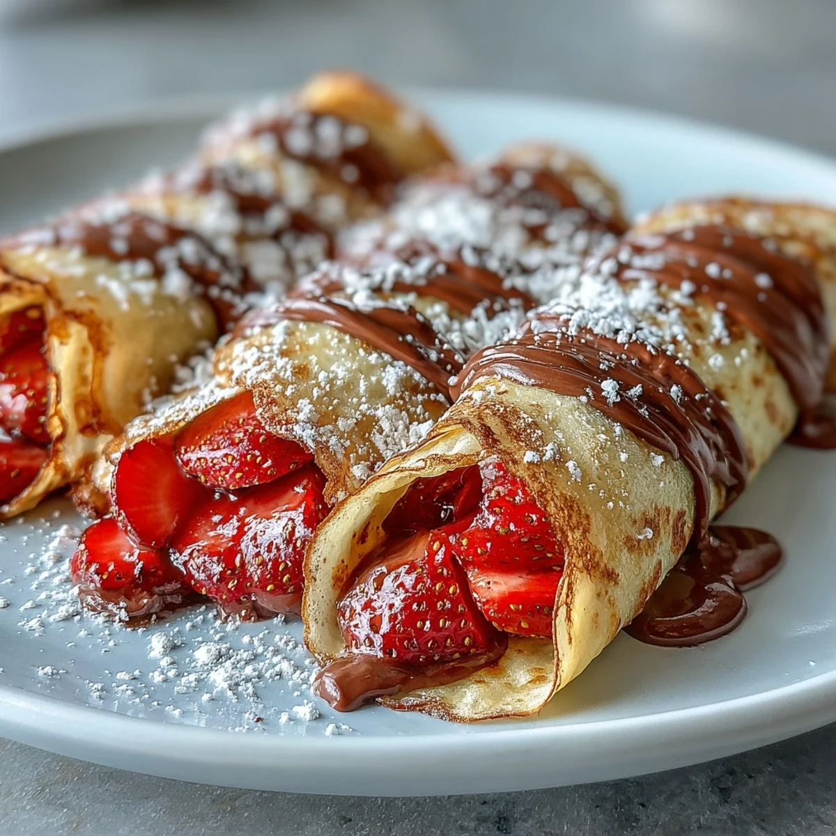 Beautiful strawberry crêpes drizzled with Nutella, perfect for a Galentine's Day brunch celebration.  