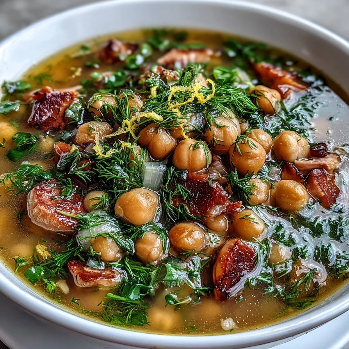 A steaming bowl of ham and chickpea soup with lemon and dill, garnished with fresh herbs and lemon zest.  