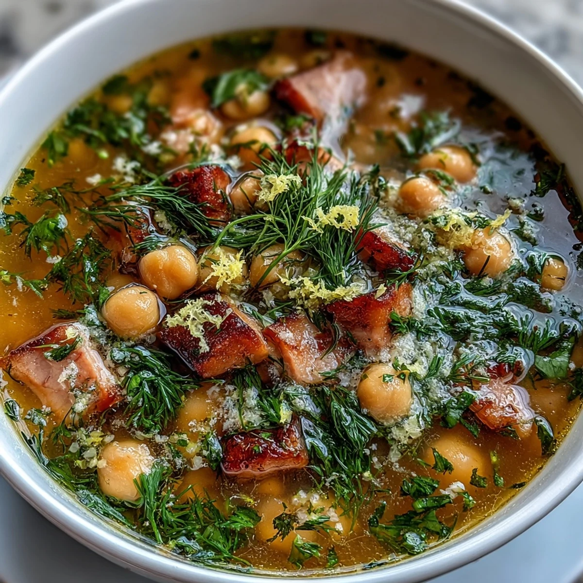 Close-up of a savory ham and chickpea soup, featuring creamy chickpeas, diced ham, and a sprinkle of fresh dill.