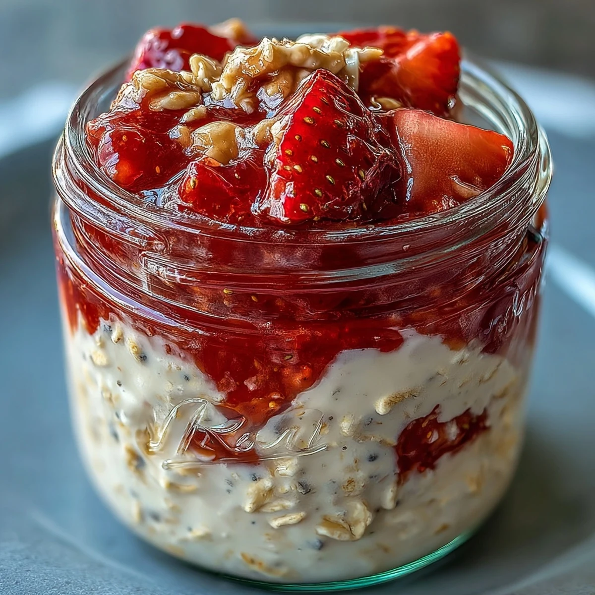 Creamy overnight oats with vibrant strawberry chia jam, topped with fresh berries for a nourishing breakfast.