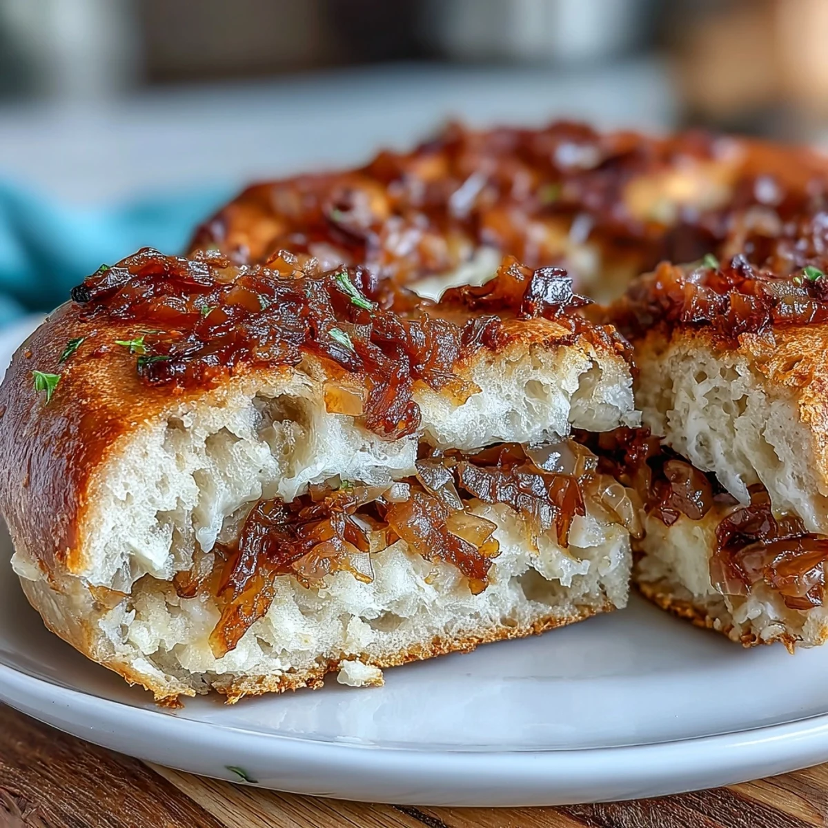 Chewy sourdough bagels topped with sweet caramelized onions, perfect for a savory breakfast or hearty sandwich.