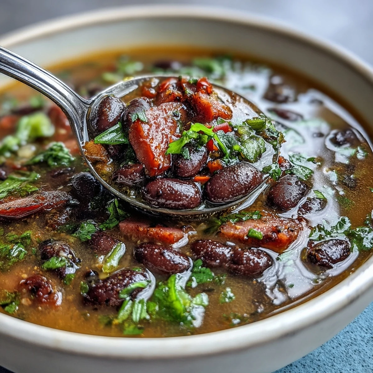 Hearty black bean and ham soup with jalapeños, featuring smoky diced ham, tender beans, and vibrant red bell peppers in a rich broth.  