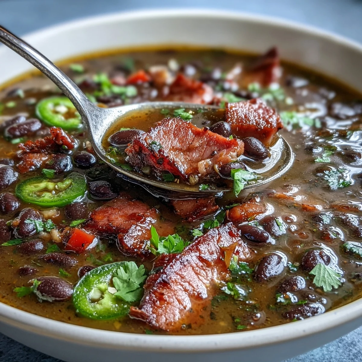 Spicy black bean and ham soup with jalapeños, simmered with carrots, celery, and garlic for a warming winter meal.