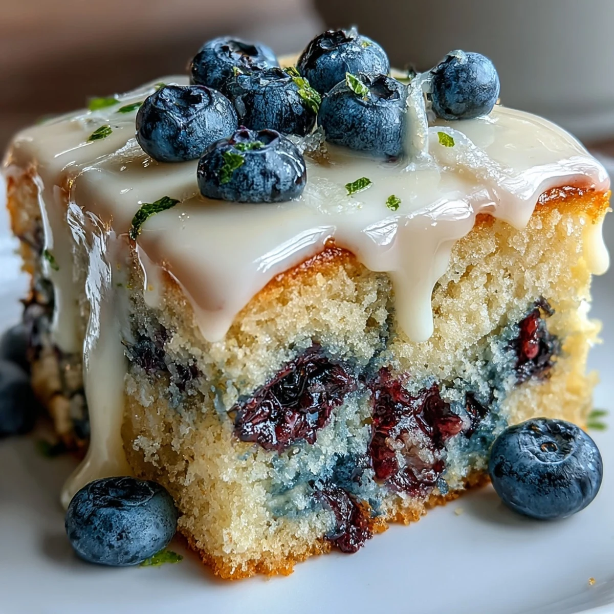 A moist and tender lemon cake bursting with sweet blueberries, finished with a delicate lemon glaze for a refreshing dessert.