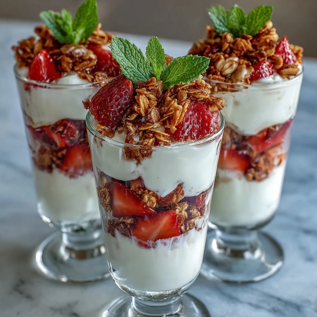 Beautifully layered mini strawberry parfaits in shot glasses, featuring sweetened Greek yogurt, juicy strawberries, and crisp granola for an easy, elegant dessert.  