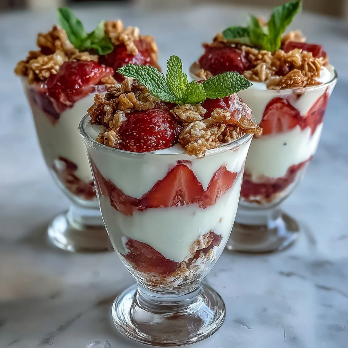 Delightful strawberry yogurt parfaits served in shot glasses, with creamy layers of Greek yogurt, fresh strawberries, and crunchy granola, garnished with mint.