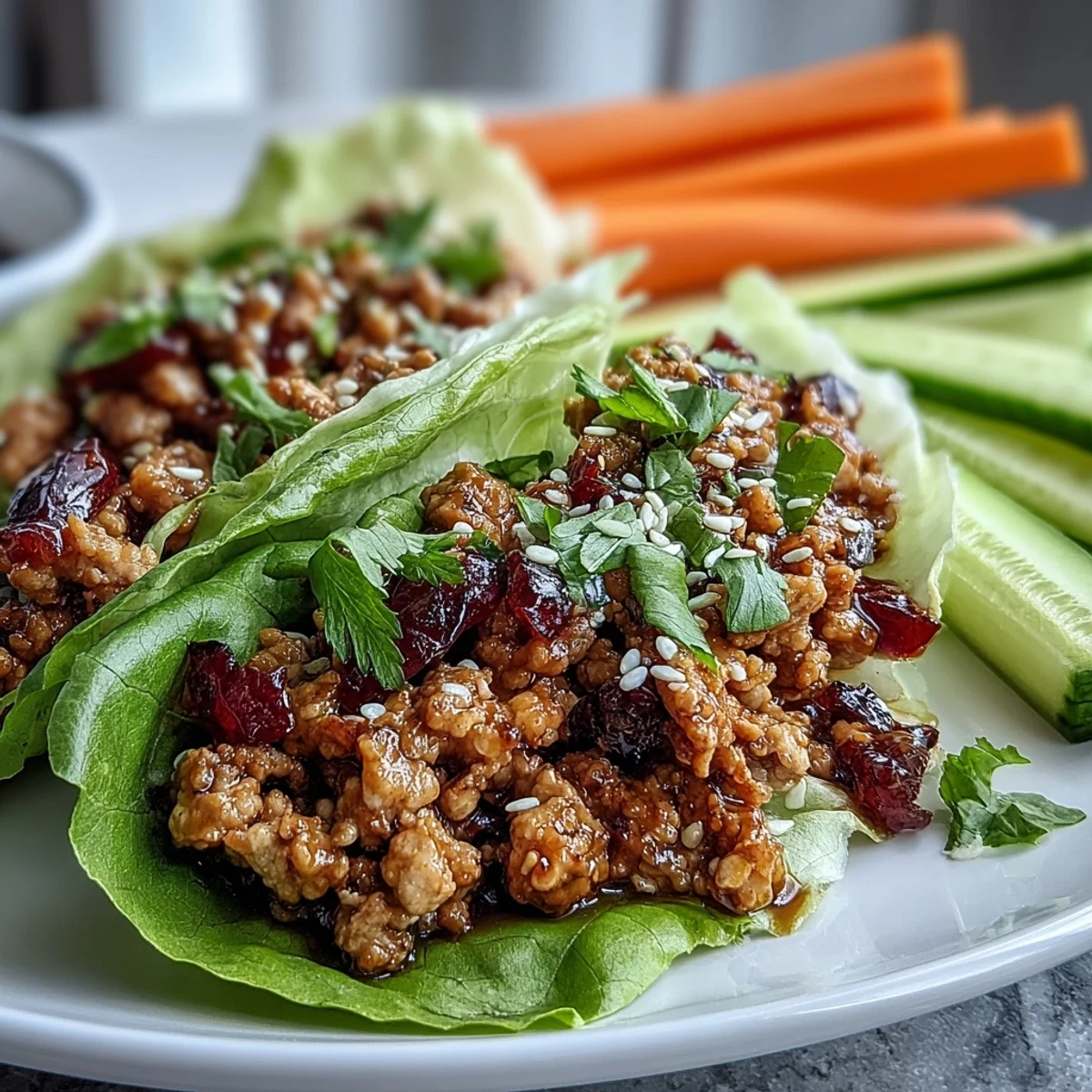 Colorful lettuce wraps filled with savory turkey and served alongside vibrant crunchy veggie sticks for a satisfying, nutritious plate.  