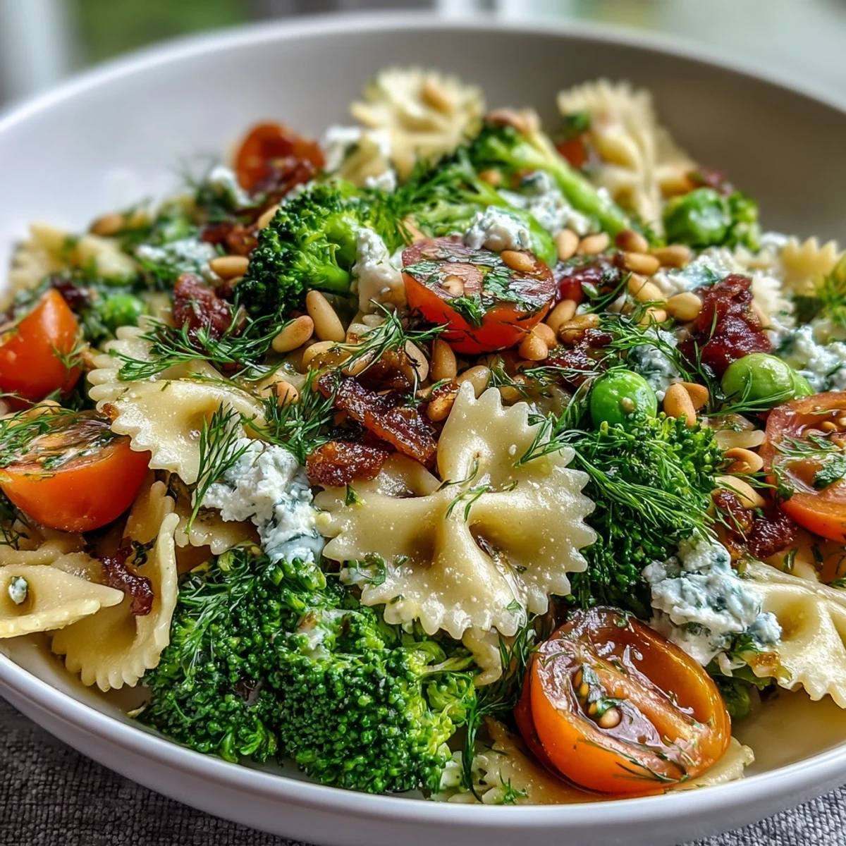 Fresh Spring Garden Pasta Salad with Broccoli and Peas - colorful fusilli tossed with crisp broccoli, sweet peas, cherry tomatoes, and creamy feta in a tangy lemon dressing.