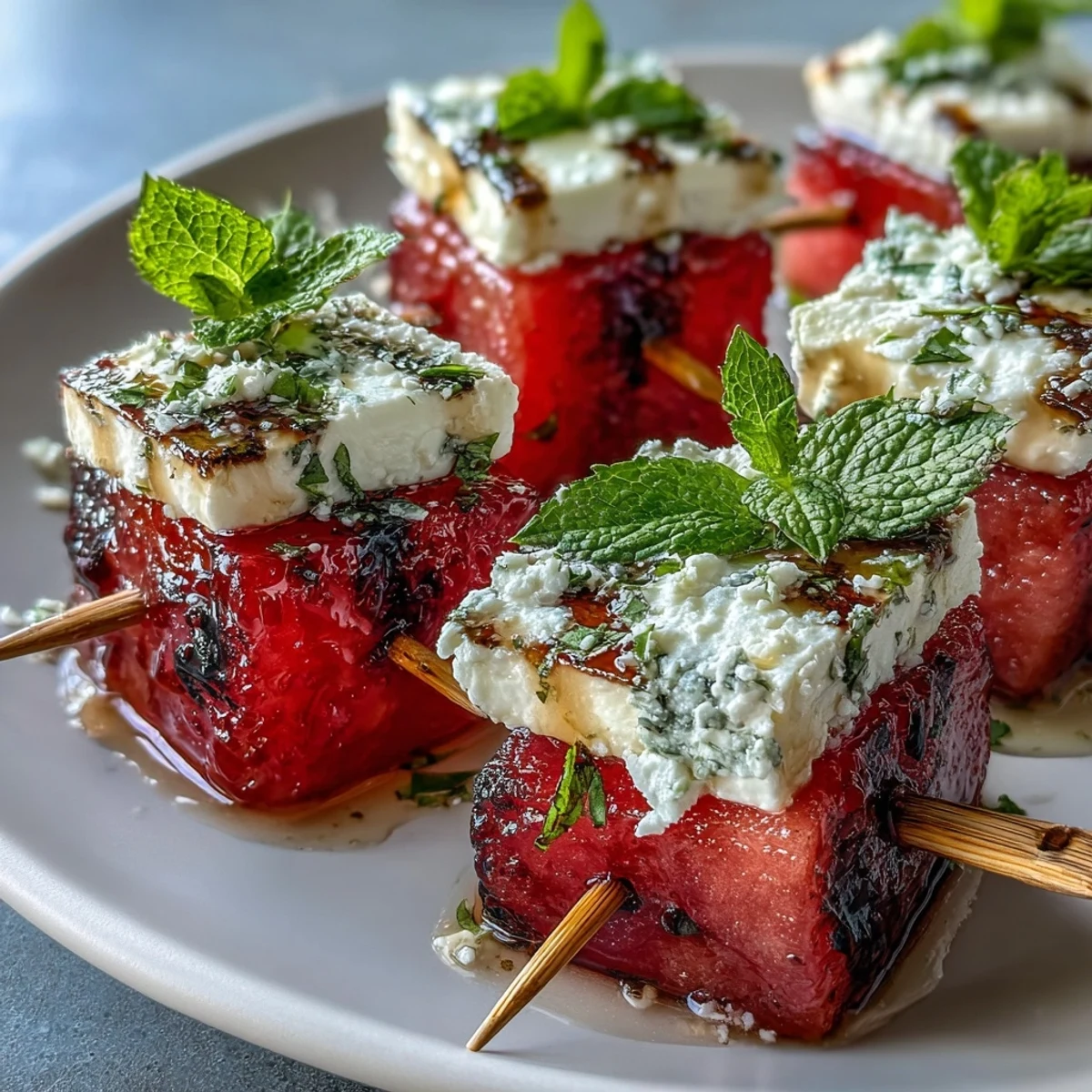 Refreshing watermelon and feta cheese skewers garnished with mint, ideal for light Mediterranean appetizers or summer gatherings.